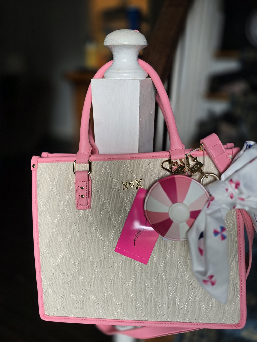 Betsey Johnson Pink Trim Cream Tote Bag with Decorative Charm